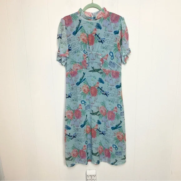 NWT Lindy Bop Retro Amelia Dress Mint Planes Floral Size US 12 Love Letters Blue - Picture 2 of 16